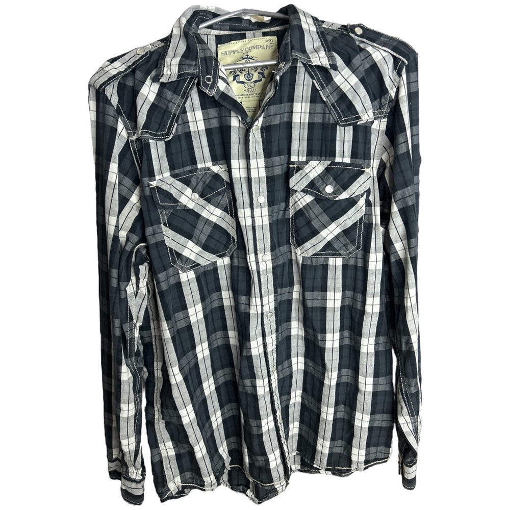 Black and white mens plaid snap‎ front long sleeve shirt, large